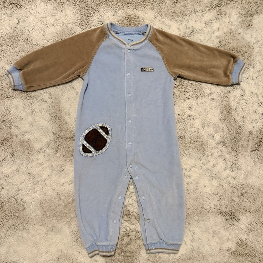 Vintage Carters Light Blue And Brown Football Baby One Piece Size 12 Months